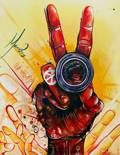 Front view of Hand Cinematic, showing a large red-toned hand forming a two-finger gesture around a circular lens-like form, set against a bright yellow background with layered hand outlines, symbols, markings, and gestural brushwork.