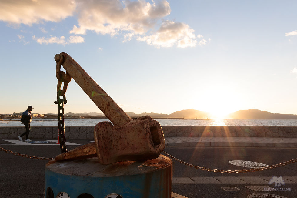 24-105mm F4 DG OS HSM 作例 夕日と錨とおじさんの写真