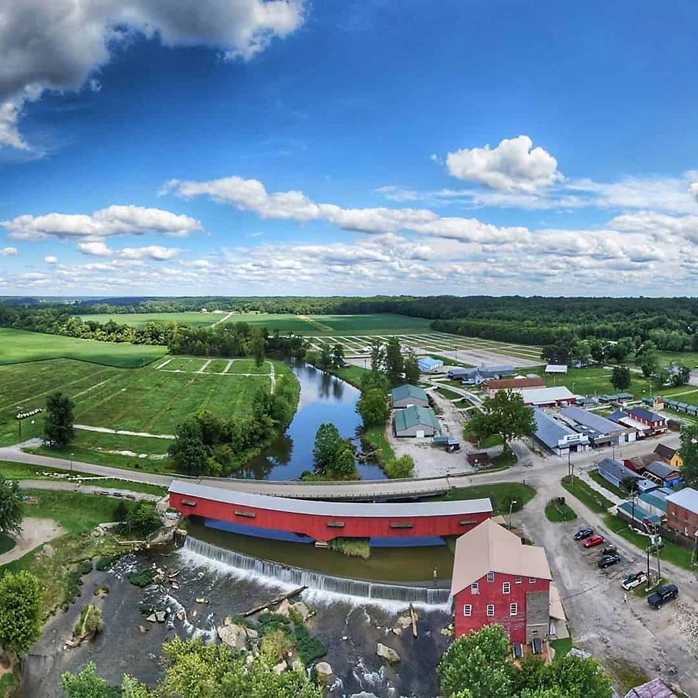 Aerial view of Parke County featuring a covered bridge