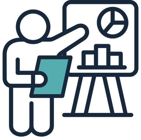 Icon of a person with a clipboard in front of data on an easel