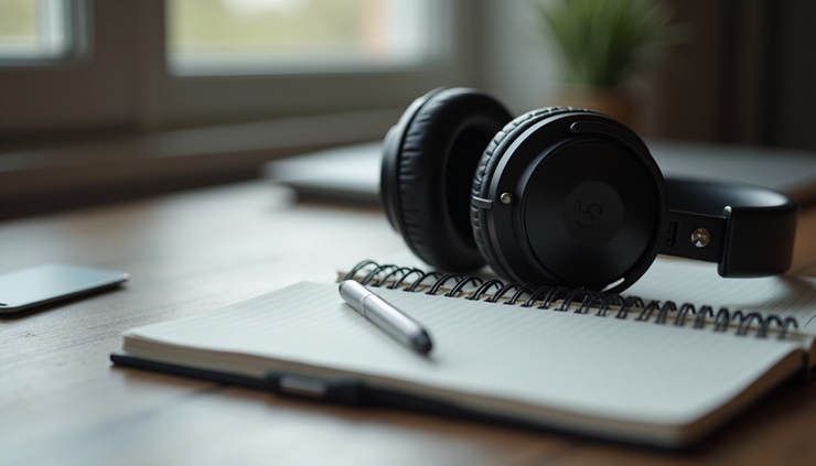 Vista frontal de fones de ouvido sobre uma mesa com um caderno aberto e caneta