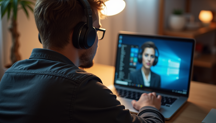 Vista lateral de uma pessoa assistindo a um vídeo em inglês em um laptop com fones de ouvido