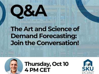LinkedIn Live Q&A promotional banner for 'The Art and Science of Demand Forecasting: Join the Conversation!' The event is scheduled for Thursday, October 10 at 4 PM CET. The banner includes the SKU POINT logo and a URL to a LinkedIn profile (www.linkedin.com/stepan-zechovsky). The background appears to be an industrial or warehouse setting with a blue tinted filter. A circular profile photo of a presenter in a light-colored shirt is shown in the bottom left corner.