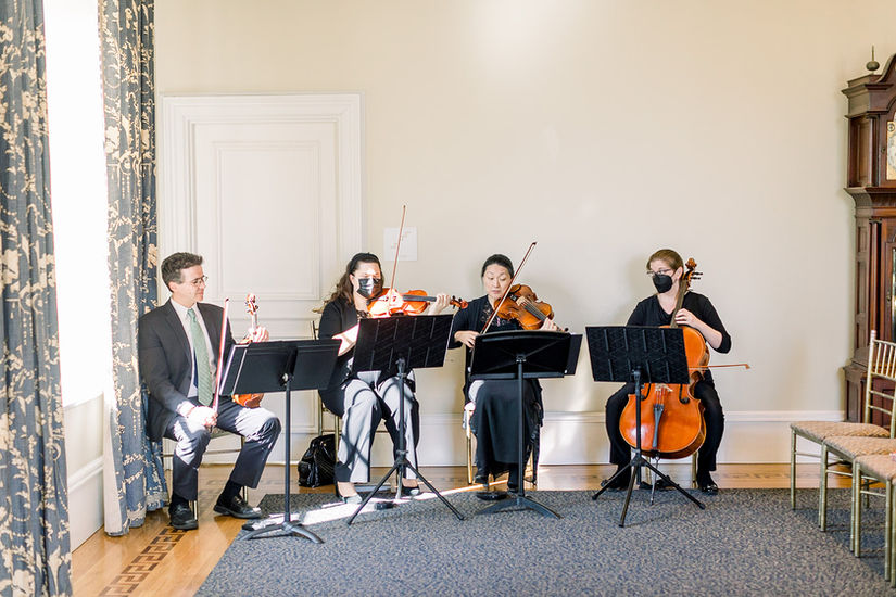 String quartet performing at Wadsworth Mansion wedding ceremony in West Ballroom