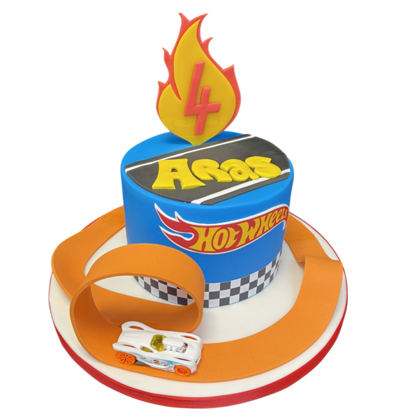 A vibrant and eye-catching Hot Wheels themed birthday cake decorated with a variety of car designs and bright colours, perfect for car enthusiasts of all ages.