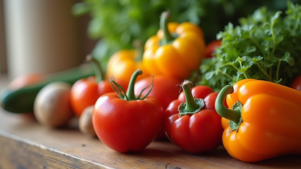 Close-up view of fresh colorful vegetables on a wooden table