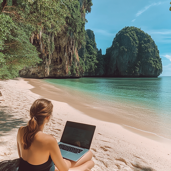 Digital nomad working remotely on a beach in Southeast Asia