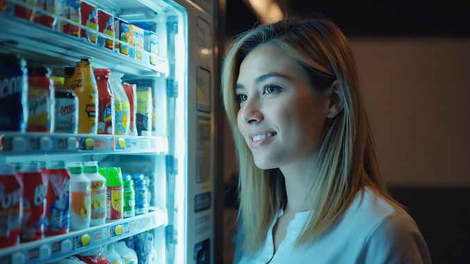 Gen4 Happy caucasian female customer looking at a vending machine Shoulder length Li a-2,