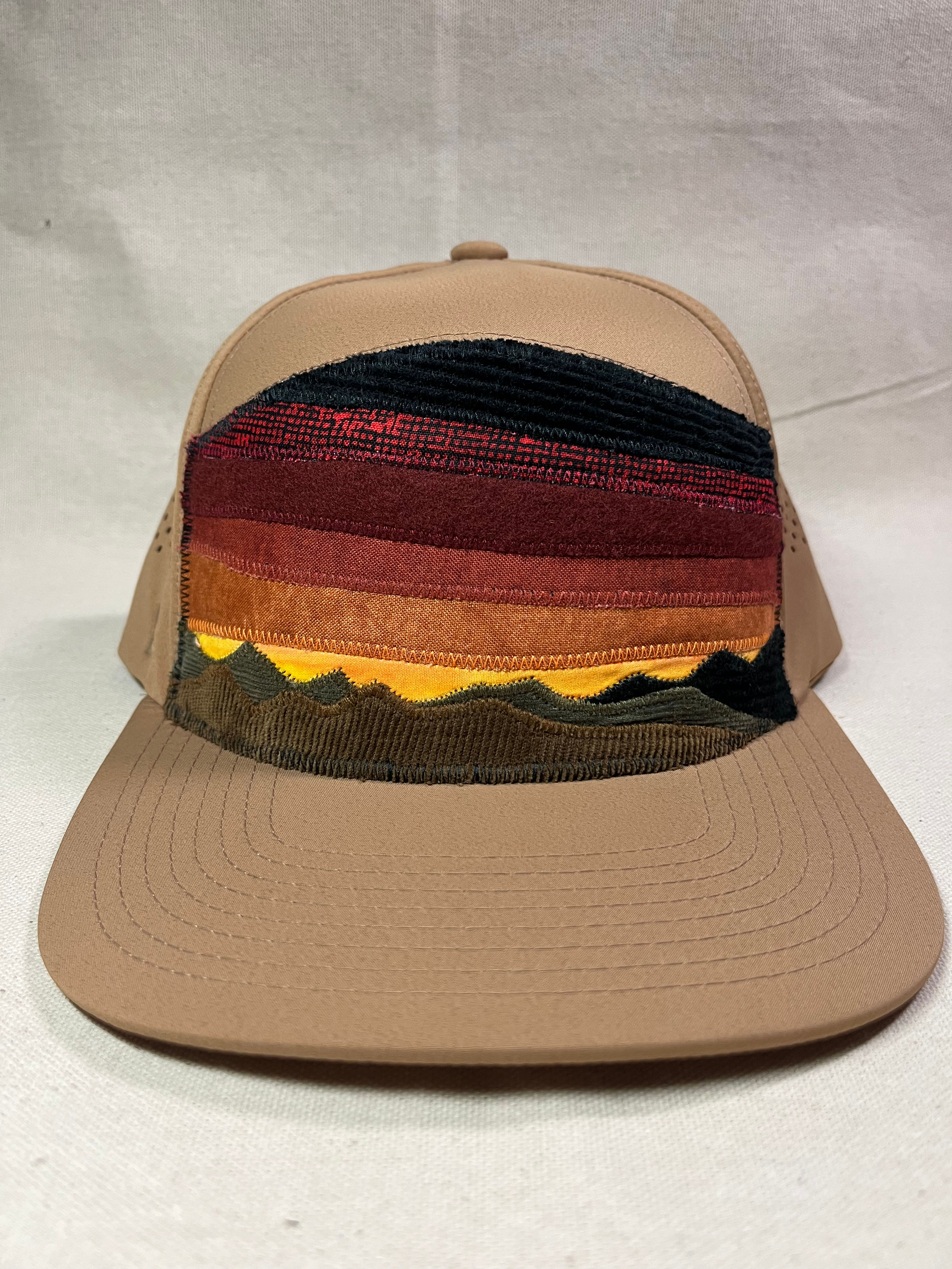 Patchwork mountain sunset - lightweight w perforated back flat bill snapback hat