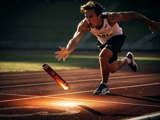 Relay baton exchange symbolizing succession planning timing, leadership transition margin, and the risk of dropping the baton when planning starts too late
