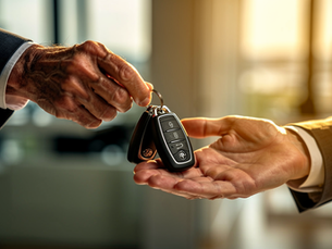 Older business leader handing car keys to another person, symbolizing succession planning and leadership transition