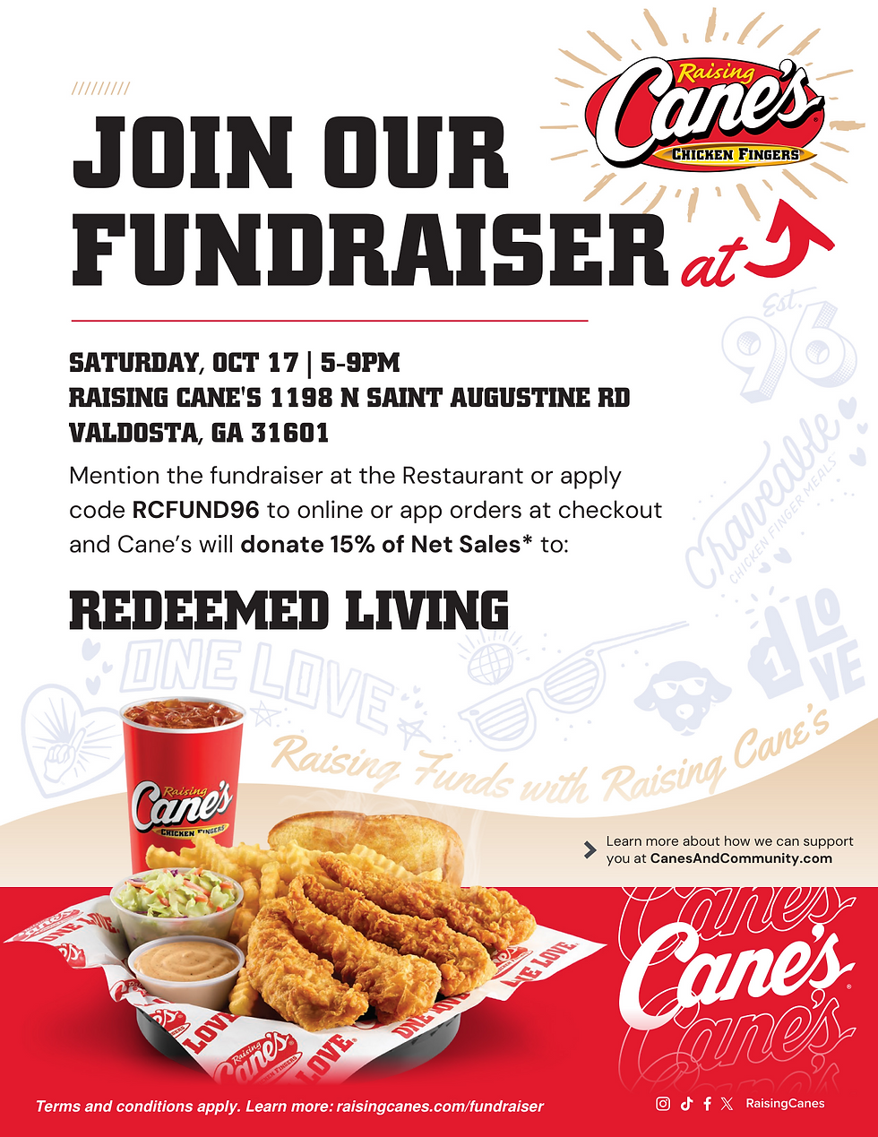 Raising Cane's fundraiser poster with chicken meal photo, date Oct. 17, code RCFUND96, and support for Redeemed Living.
