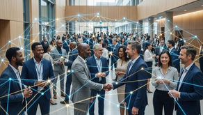 Diverse group of professionals networking and shaking hands at modern conference with digital connectivity overlay