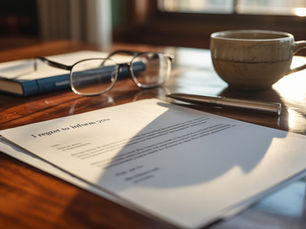 Rejection letter on wooden desk with coffee and glasses reading "I regret to inform you" - leadership growth moment