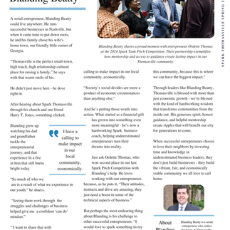 Three pages of Spark Thomasville's Spring 2025 newsletter featuring stories of Ordette Thomas, Lisa Gardner and Blanding Beatty.