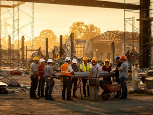 Construction workers in hard hats and safety vests gather around a table at a construction site during sunset, reviewing plans amid skeletal framework and building materials