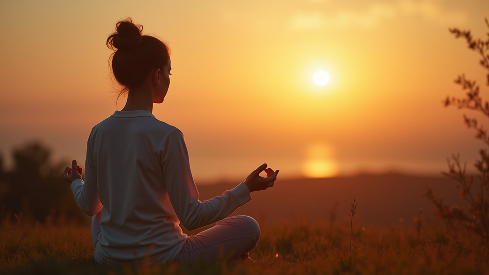 Close-up view of a person meditating outdoors with a sunset background