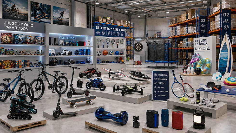 Almacén showroom de Vades Play Iberia con productos recreativos, deportivos, videojuegos, electrónica y artículos de ocio para profesionales.