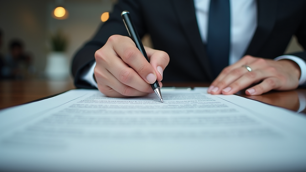 Eye-level view of a business owner signing documents at a desk