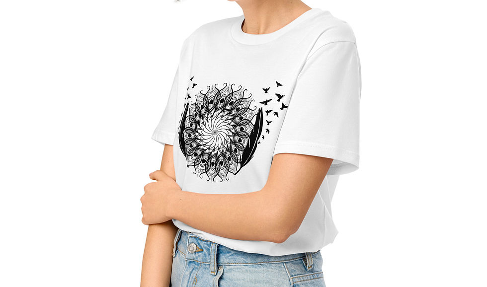 Thumbnail: Women’s White organic cotton t shirt featuring the Feathered Rising graphic, worn by model and styled with a front tuck.