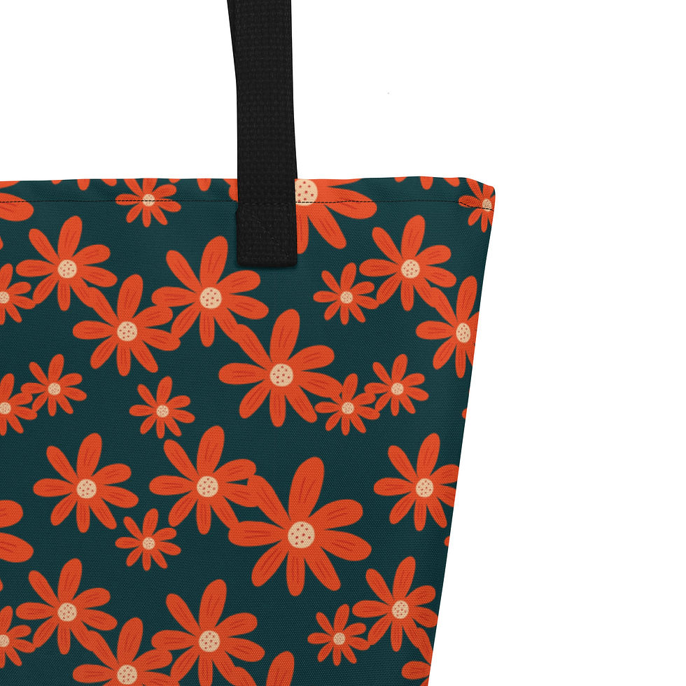 Thumbnail: Close up of the “Chocolate Cosmos” all over print design on the large tote bag with black handles.