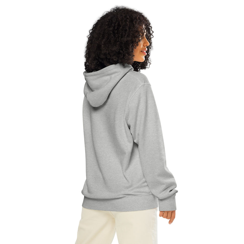 Thumbnail: Model wearing organic hoodie in Heather Grey, back view.