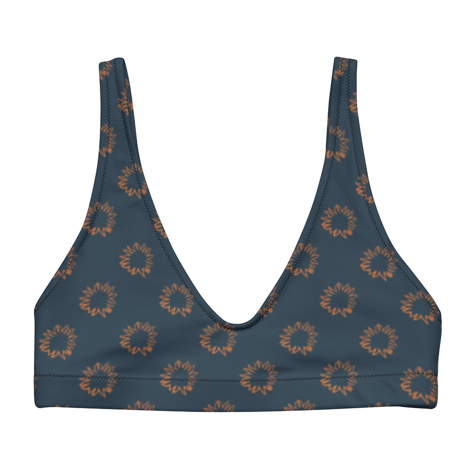 Thumbnail: Flat lay of the “Sun Silhouettes” recycled padded bikini top, front view showing the low cut shape.
