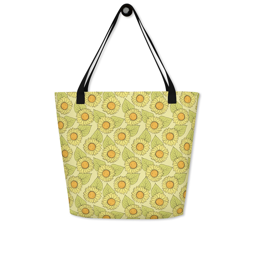 Thumbnail: All over print large tote bag in the “Sunflower” design with black handles, hanging view.