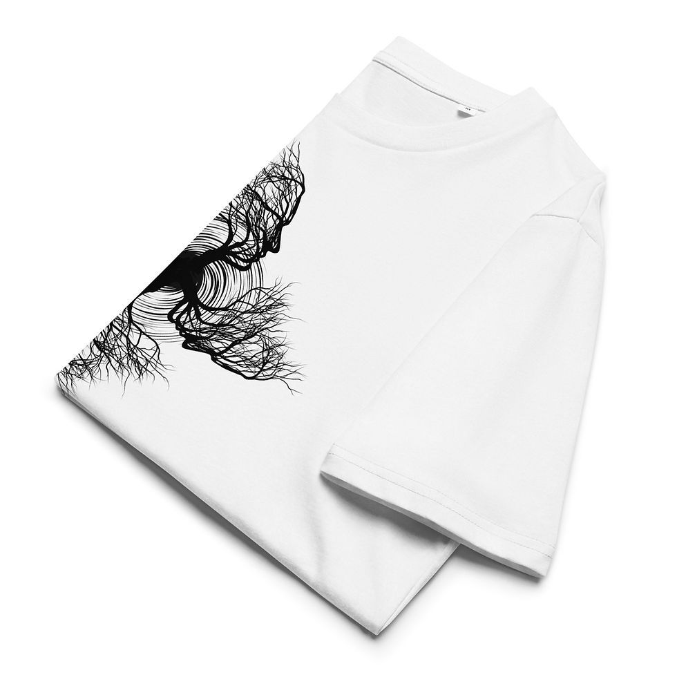 Thumbnail: Close up of the Rooted in the Spiral Cosmos graphic printed on the White organic cotton t shirt.