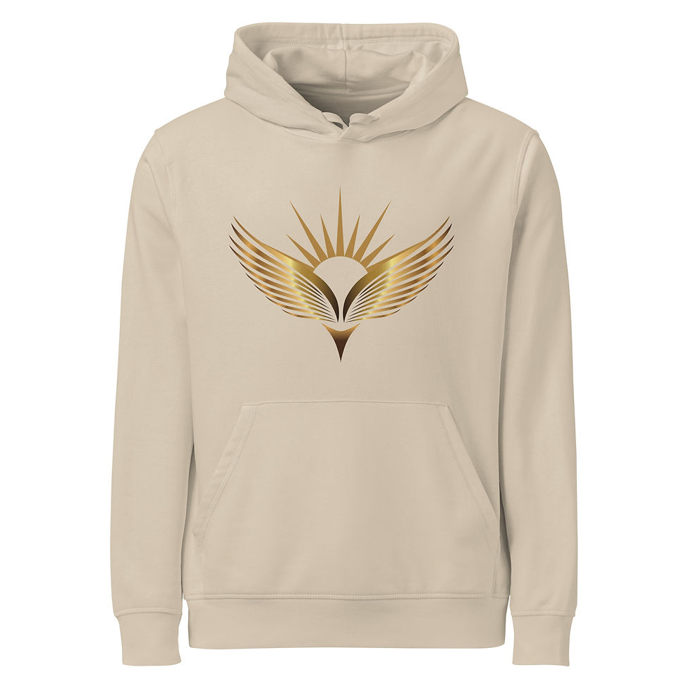 Thumbnail: 'Divine Flight' organic hoodie in Desert Dust, front ghost view showing print placement.