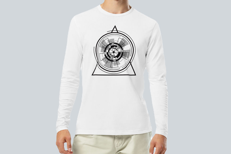 Thumbnail: Male model standing wearing a white premium cotton long‑sleeve crew with the Gateway design, front view.