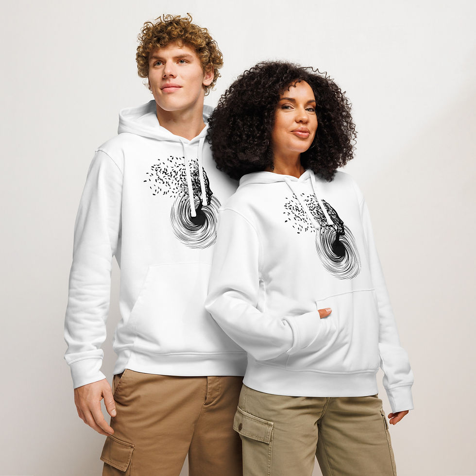 Thumbnail: Male and female models wearing the 'Grounded in the Vortex' organic hoodie in White, standing together.