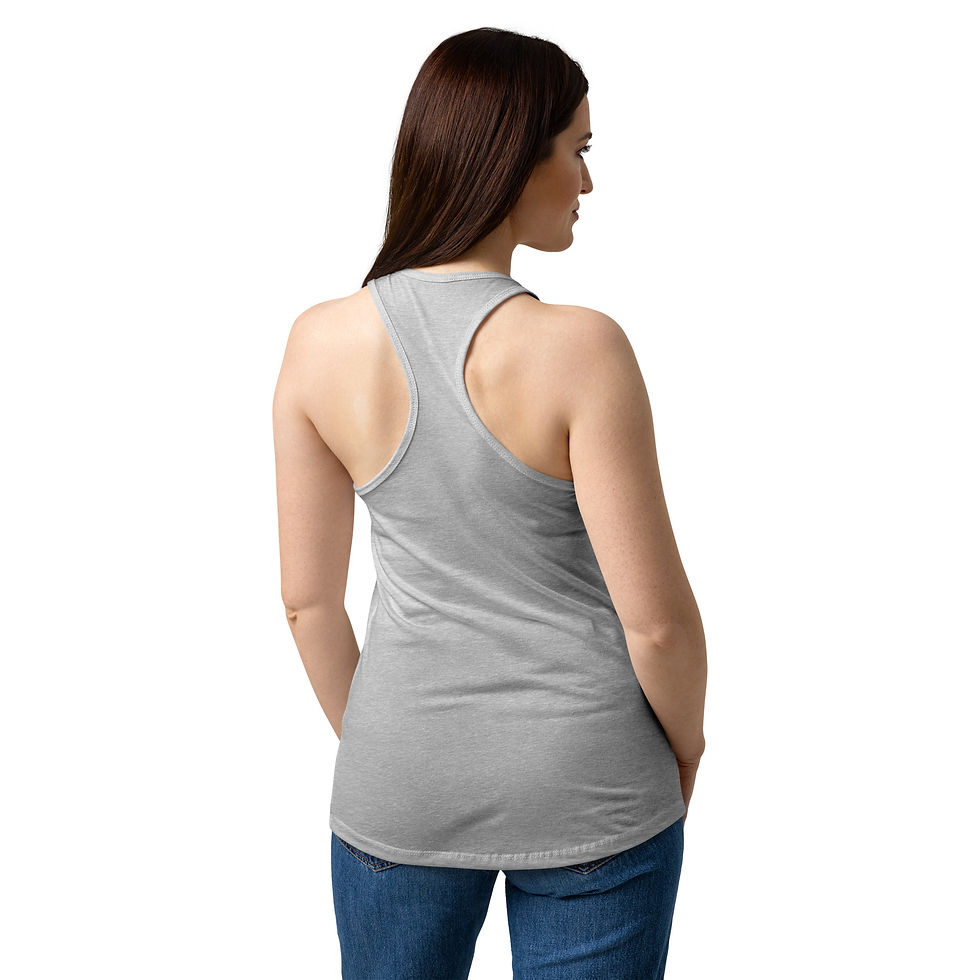 Thumbnail: Women’s racerback tank in Heather Gray, back view on model.