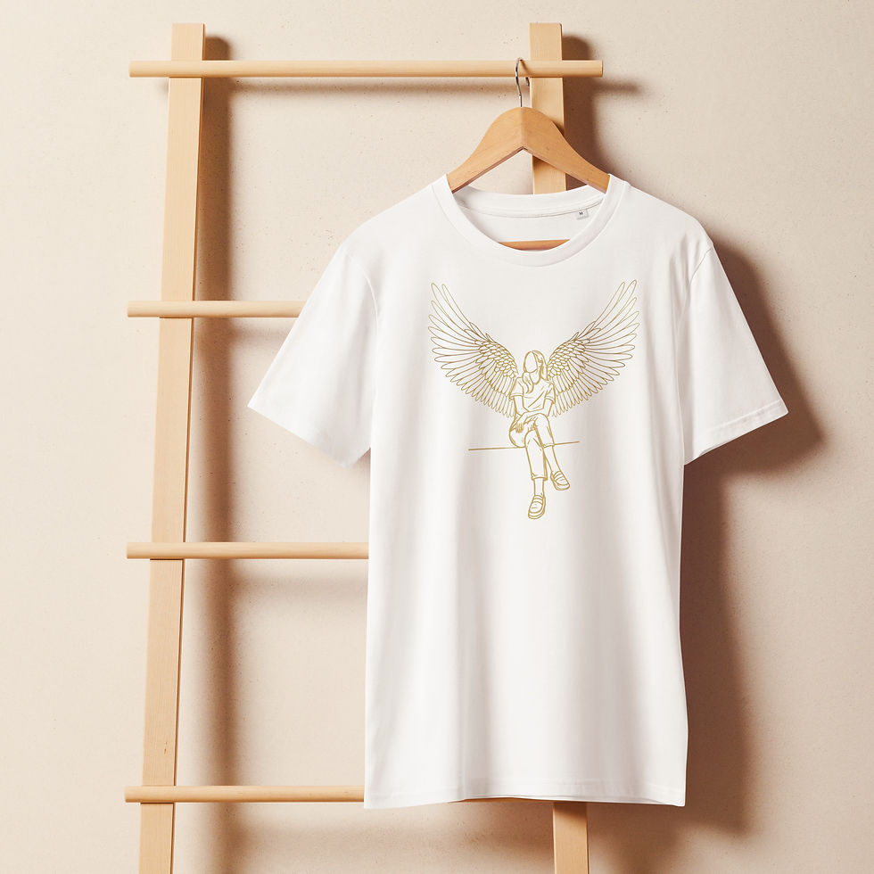 Thumbnail: Women’s White organic cotton t shirt with the Divine Roots design, shown hanging on a wooden hanger.