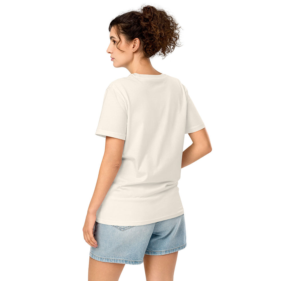 Thumbnail: Model wearing women's Vintage White organic cotton t shirt, back view.