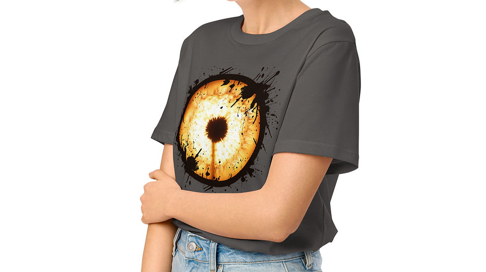 Thumbnail: Women’s Anthracite organic cotton t shirt featuring the Timeless graphic, worn by model and styled with a front tuck.