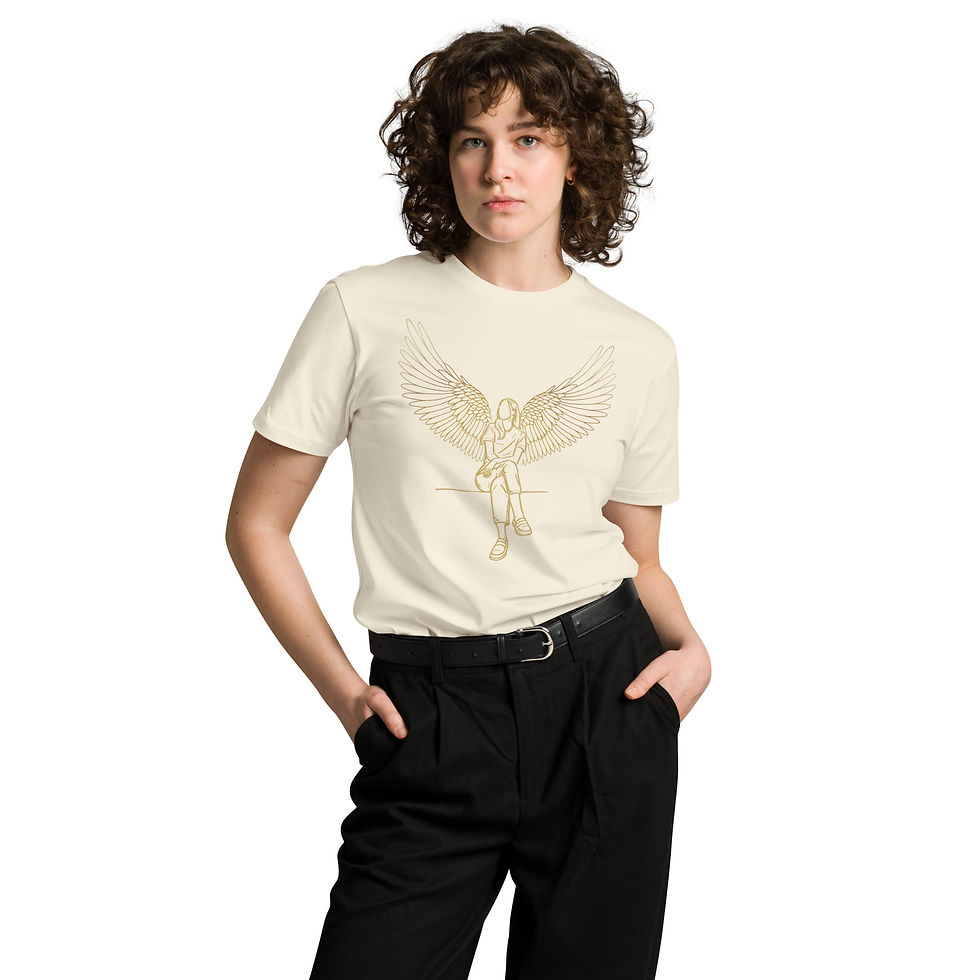 Thumbnail: Model standing wearing a Natural premium cotton t shirt with the Divine Roots design, front view.