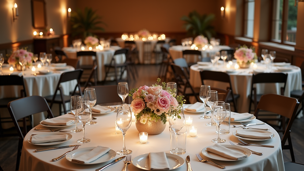 High angle view of a stylish wedding venue with beautifully set tables