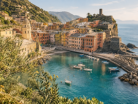 Bunte Häuser rund um einen italienischen Hafen am Mittelmeer.