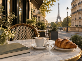 Kaffee und ein Croissant auf einer Pariser Caféterrasse mit Blick auf den Eiffelturm.