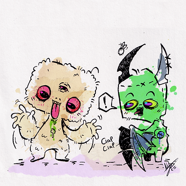 an ink illustration of Fugler plush teddy characters which are ugly monster toys, the colours have been splatted into the background by Mya Mitchell