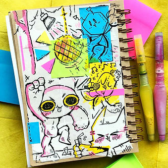 a photo of a sketchbook with illustrations of colourful character dancing and singing drawing with inks by Mya Mitchell