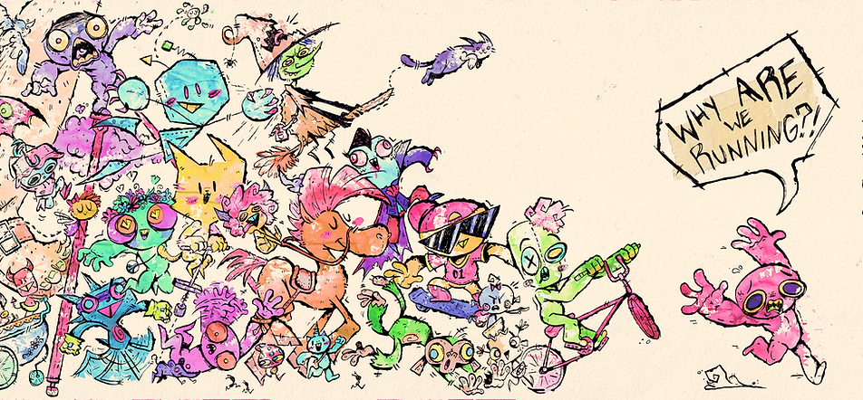 A colourful ink drawing of cartoon characters and monsters running to the right