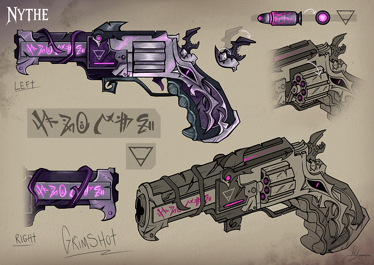 Dark Fantasy weapon concept art depicting a vicious purple hand gun pistol called the Grimshot. Weapon for Nythe by X-Quick Software. By Mya Mitchell.