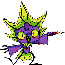 Digital illustration of a purple vampire spider character called Spat