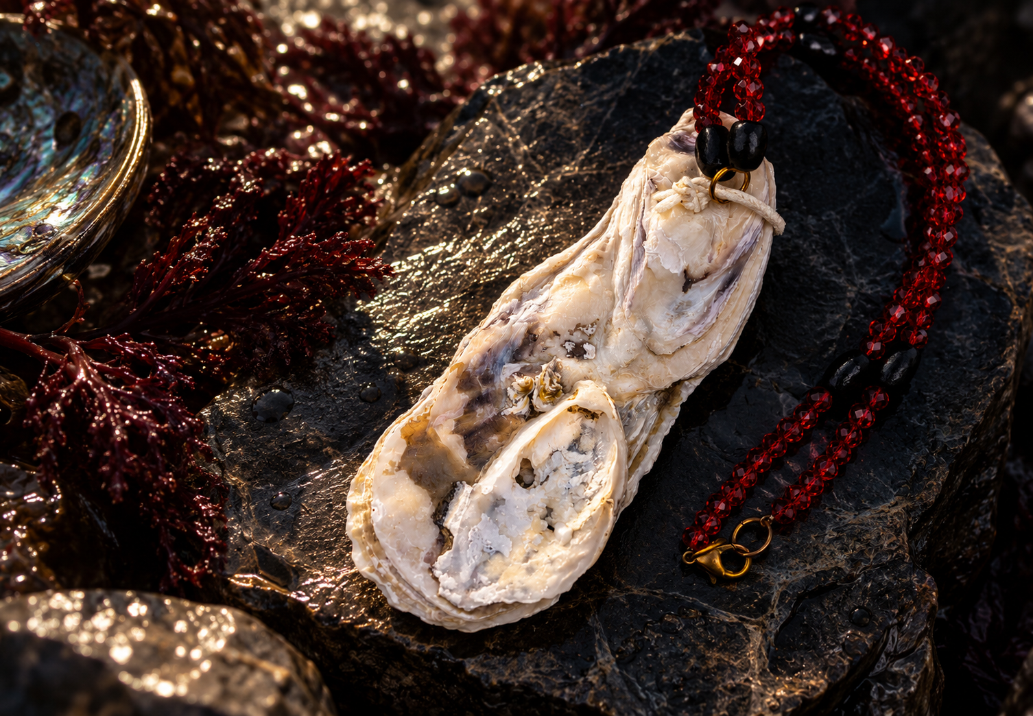 The Crimson Siren real oyster shell necklace with deep red glass beads