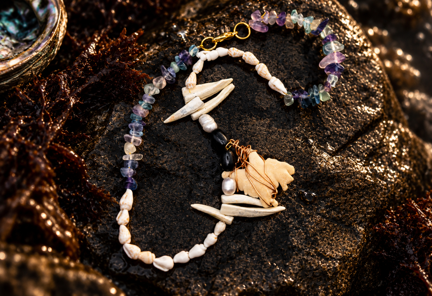 The Bones Beneath the Tide handmade shell and coral necklace with freshwater pearls