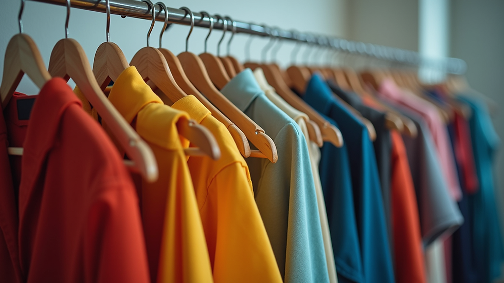 Eye-level view of a clothing rack filled with colorful garments