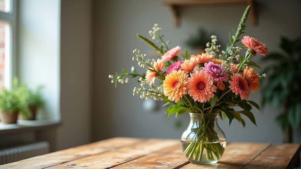 Vue en plongée d’un bouquet de fleurs colorées sur une table en bois