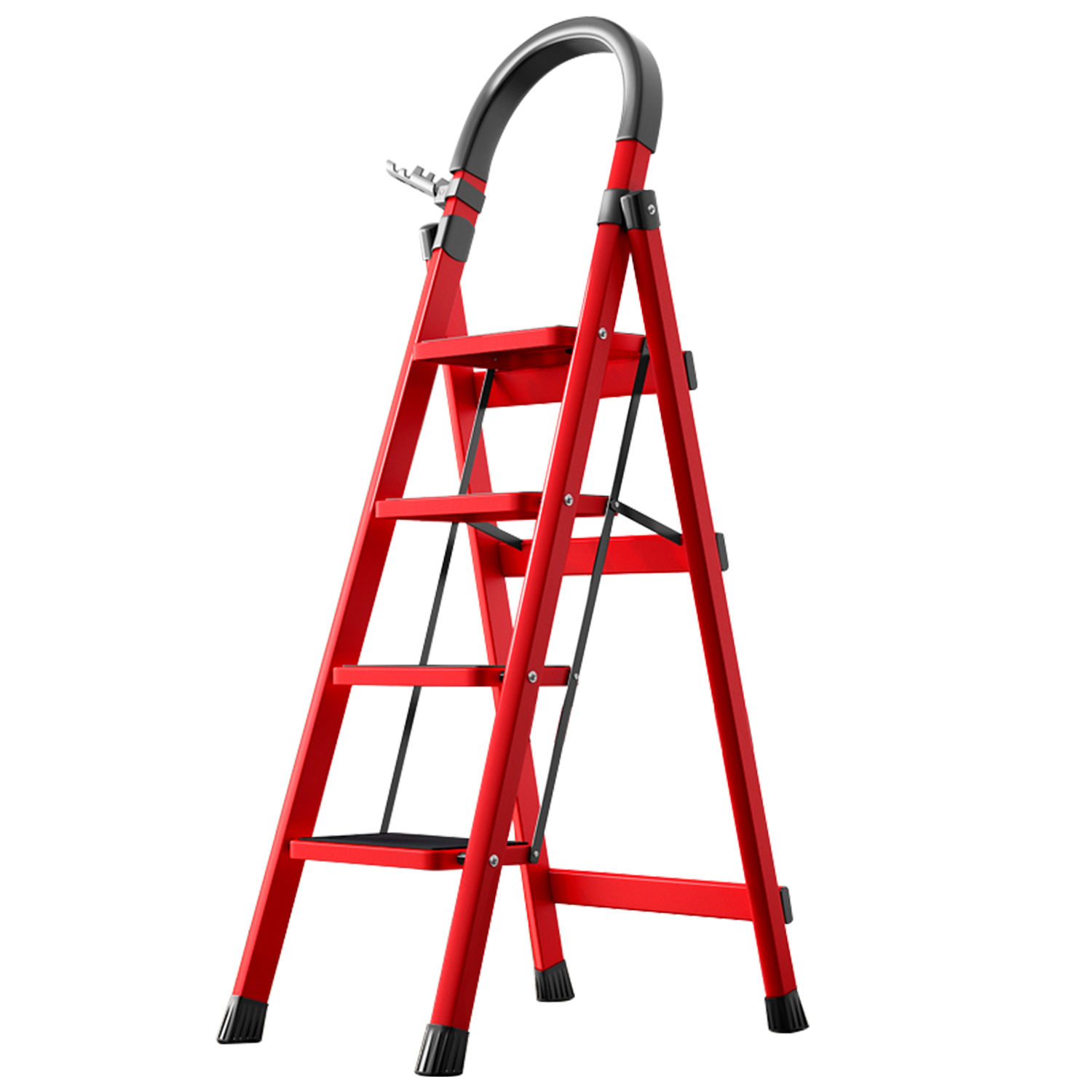 FOXSPORT-Folding 4-Step Ladder with Non-Slip Pedal-150KG Stable Steel Ladder-Red